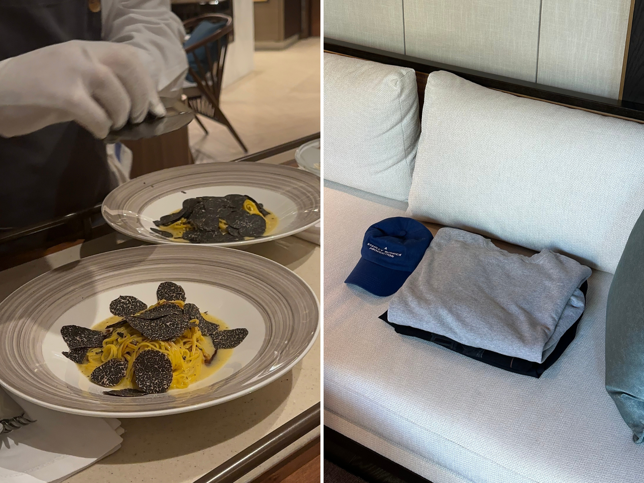 Tableside food preparation at Vicini restaurant (left), and impeccable laundry and cleaning services (right)