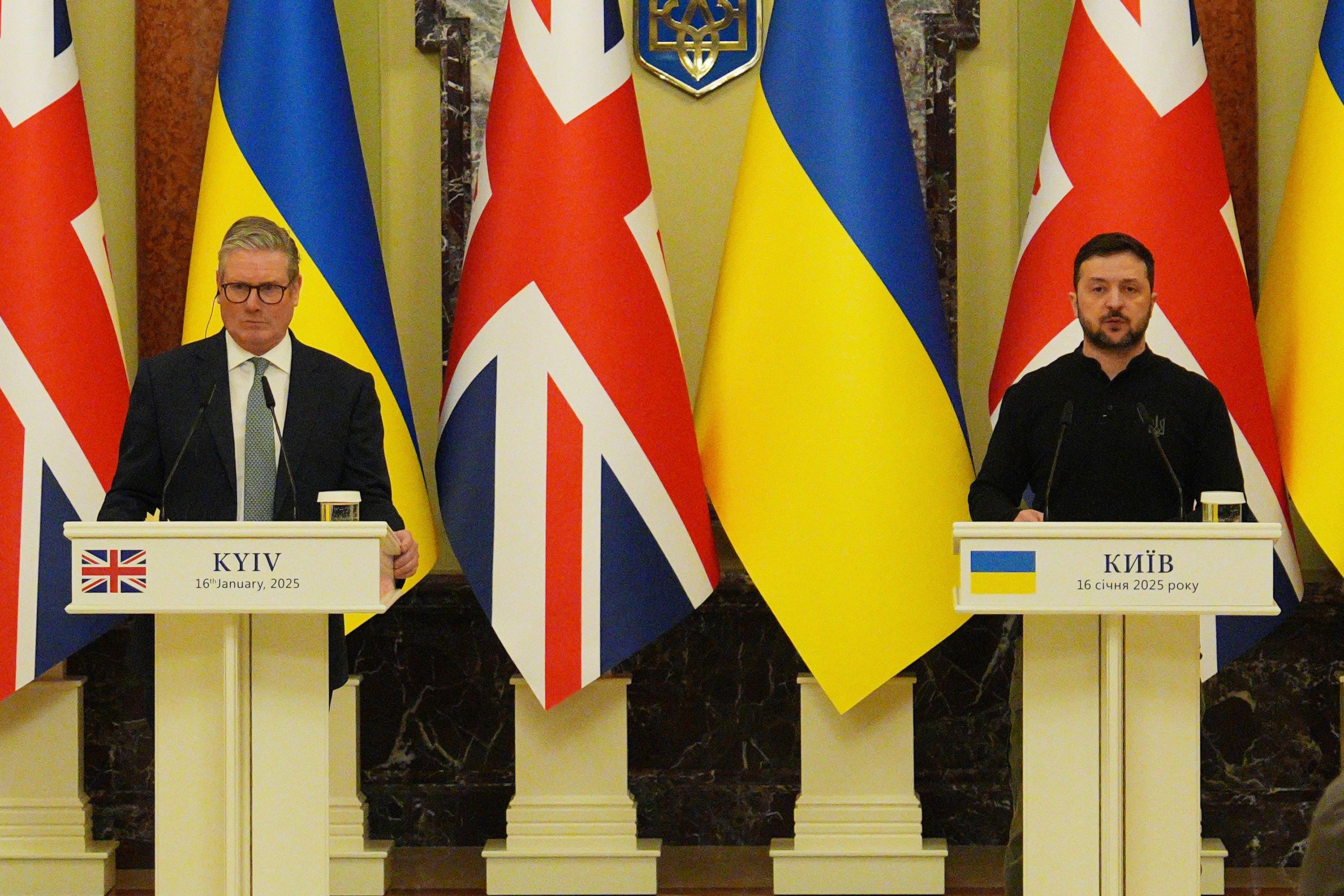 Prime Minister Sir Keir Starmer and Ukrainian President Volodymyr Zelensky during a press conference at Mariinskyi Palace, Kyiv, in January (Carl Court/PA)