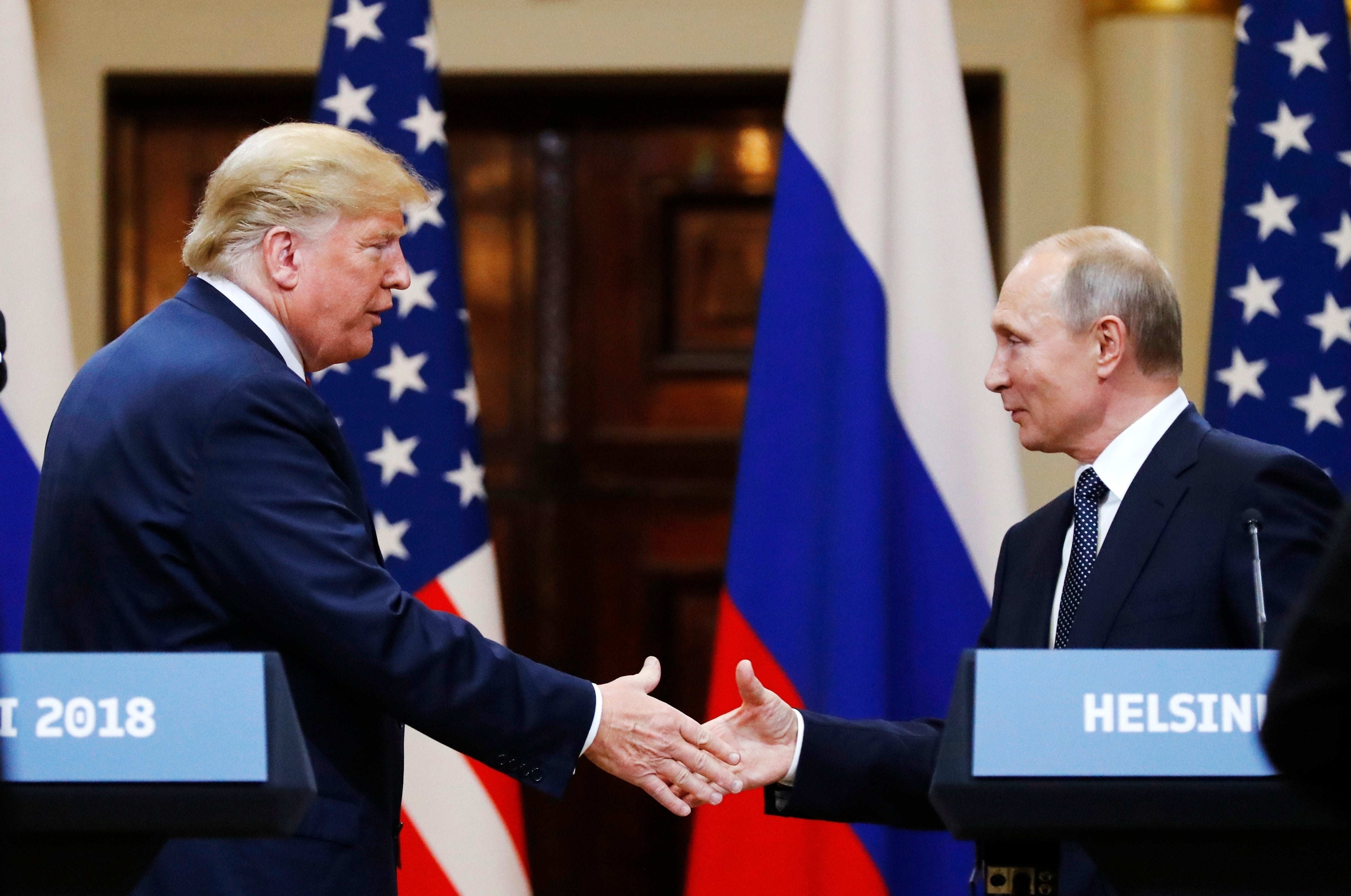 Trump and Putin at their joint press conference after a meeting at the Presidential Palace in Helsinki, Finland, during the former’s first term