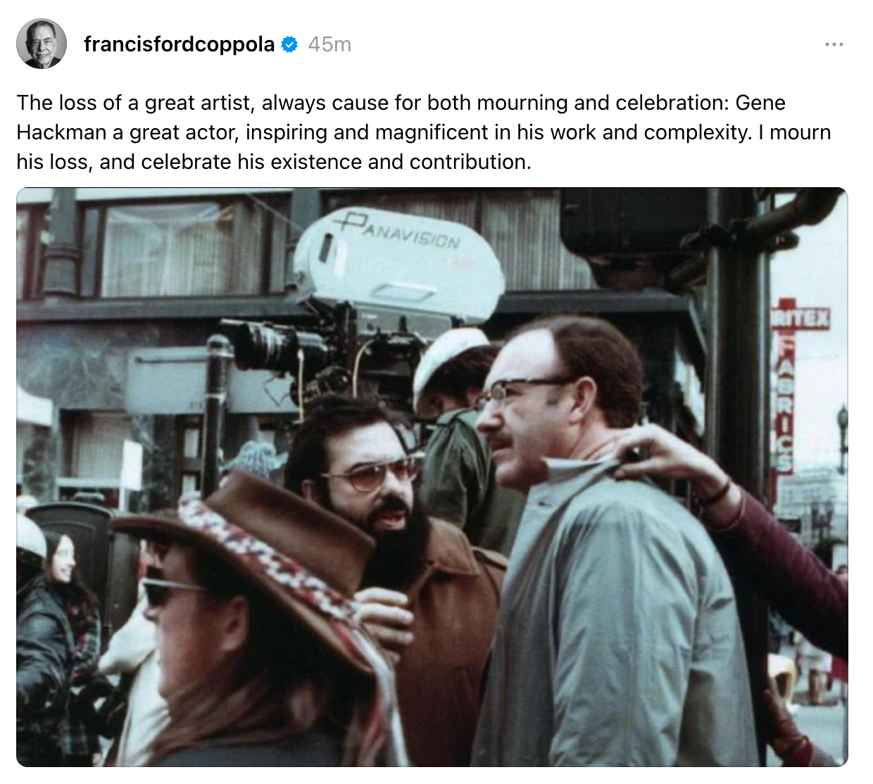 Francis Ford Coppola pays tribute to Hackman on Threads