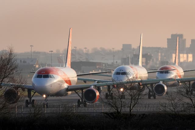 <p>EasyJet planes queue to take off from Gatwick airport</p>