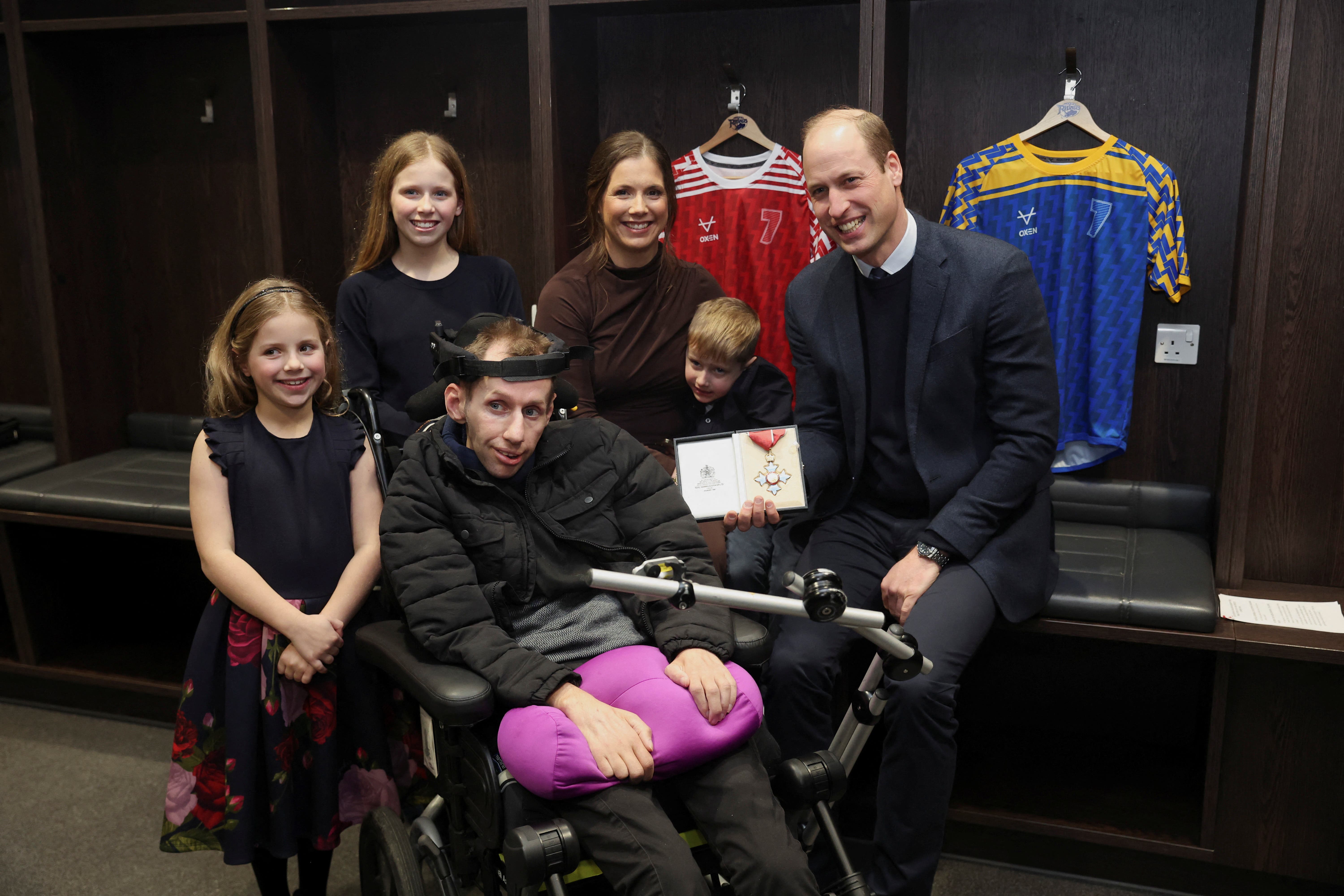 The Prince of Wales meeting Rob Burrow, his wife Lindsey and their children Maya (left), Macy and Jackson during a visit to Headingley Stadium, Leeds, in January 2024 (Phil Noble/PA)
