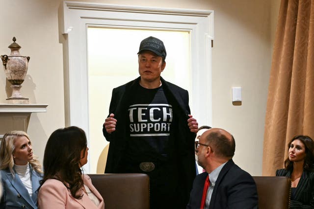<p>Leader of the Department of Government Efficiency Elon Musk wears a shirt that says "Tech Support" as he speaks during a cabinet meeting with US President Donald Trump at the White House in Washington, DC, on February 26</p>