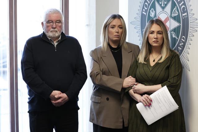 (Left to right) Lisa Dorrian’s father John and sisters Michelle and Joanne, during an appeal on the 20th anniversary of Lisa’s disappearance, at PSNI headquarters in Belfast (Liam McBurney/PA)