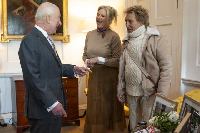 <p>Charles meets King’s Foundation ambassadors Penny Lancaster and Sir Rod Stewart during a reception to launch of The King’s Foundation 35th anniversary year (Jane Barlow/PA)</p>