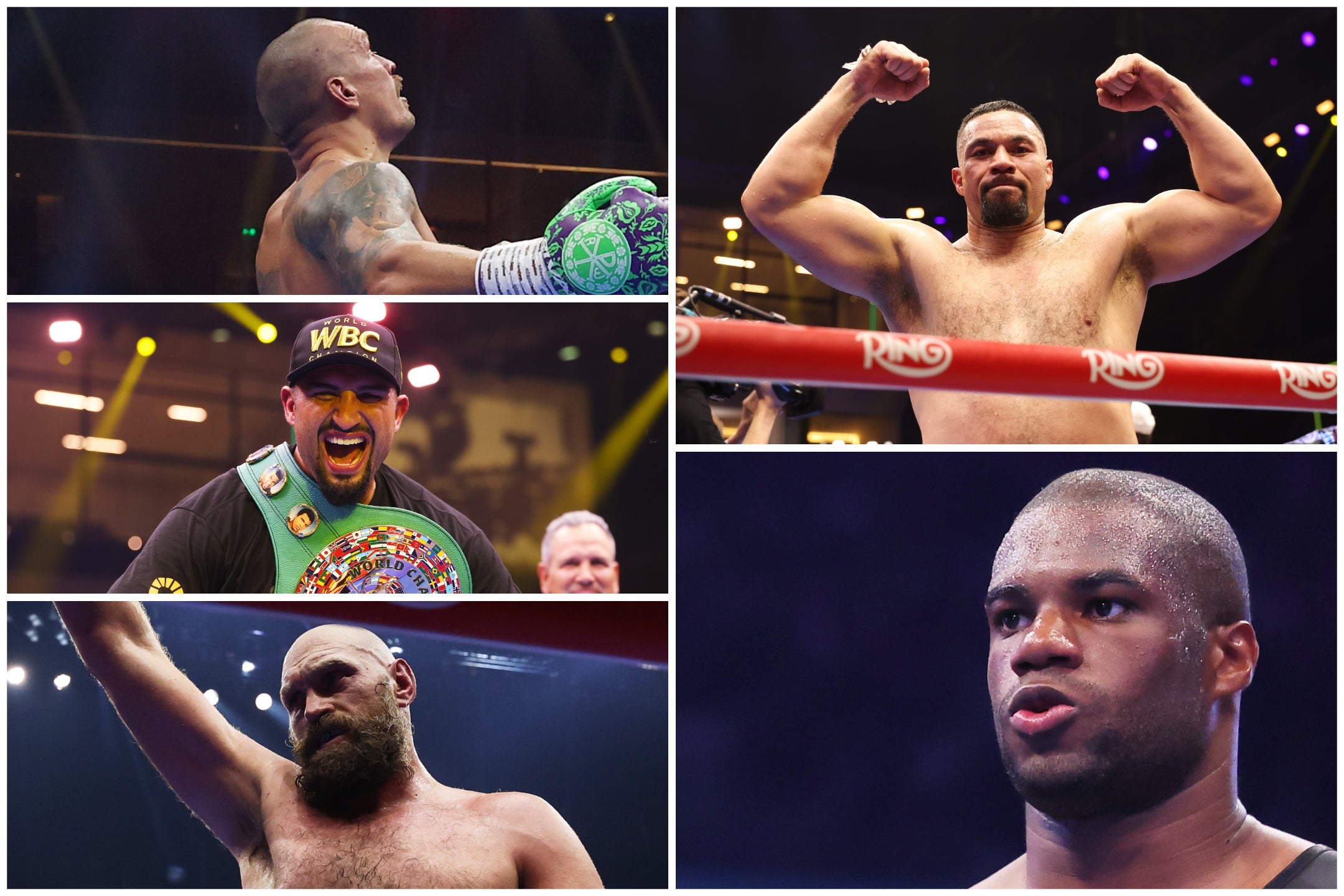 <p>Clockwise from top left: Oleksandr Usyk, Joseph Parker, Daniel Dubois, Tyson Fury and Agit Kabayel</p>