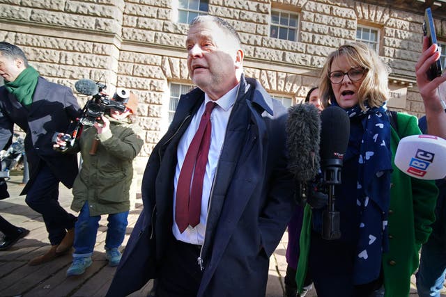 Former Runcorn and Helsby MP Mike Amesbury (centre) leaving Chester Crown Court after he had his 10-week prison sentence for assault suspended for two years (Peter Byrne/PA)