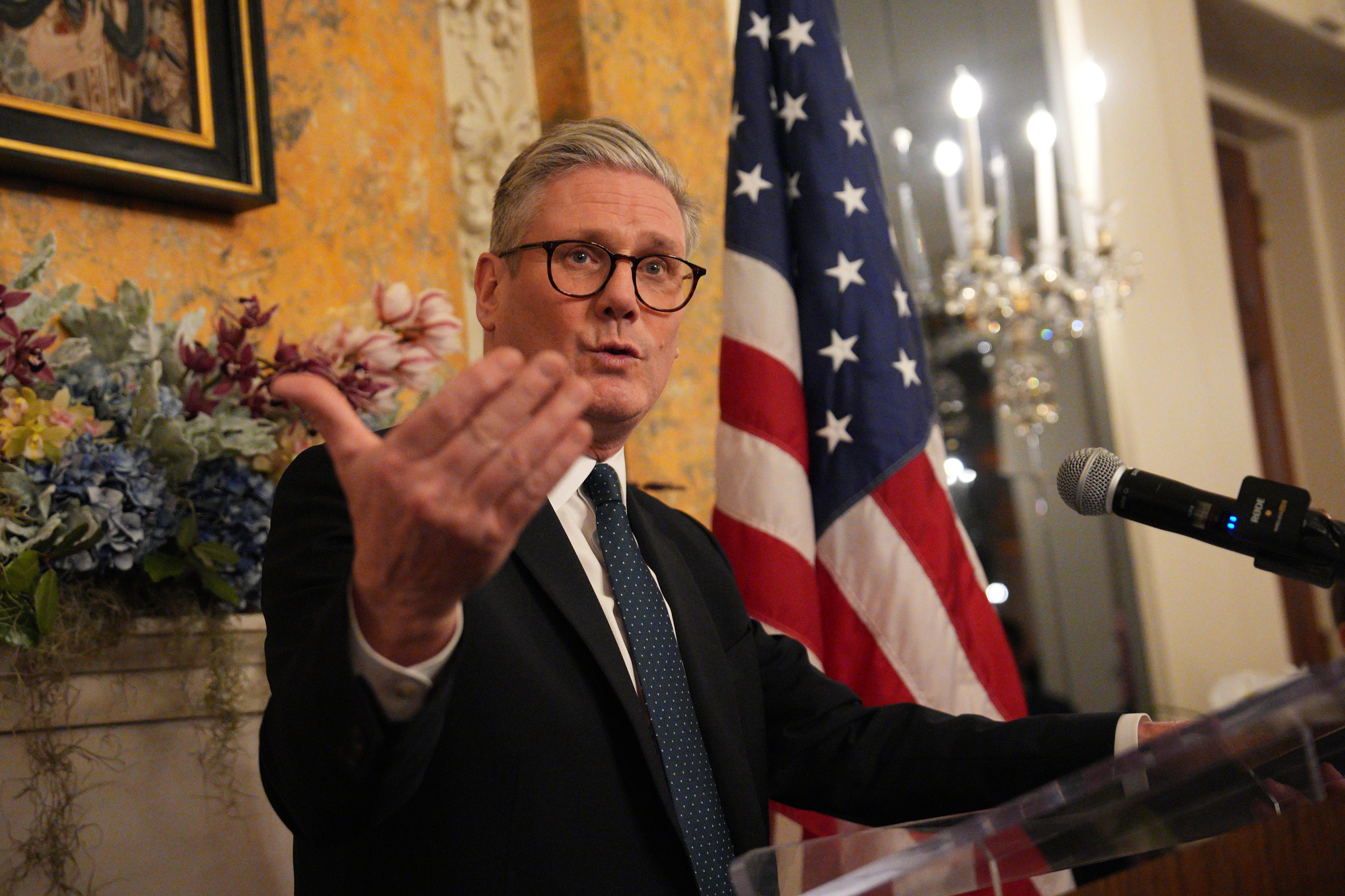 Prime Minister Sir Keir Starmer gives a speech during a welcome reception at the British ambassador’s residence in Washington, DC (Carl Court/PA)