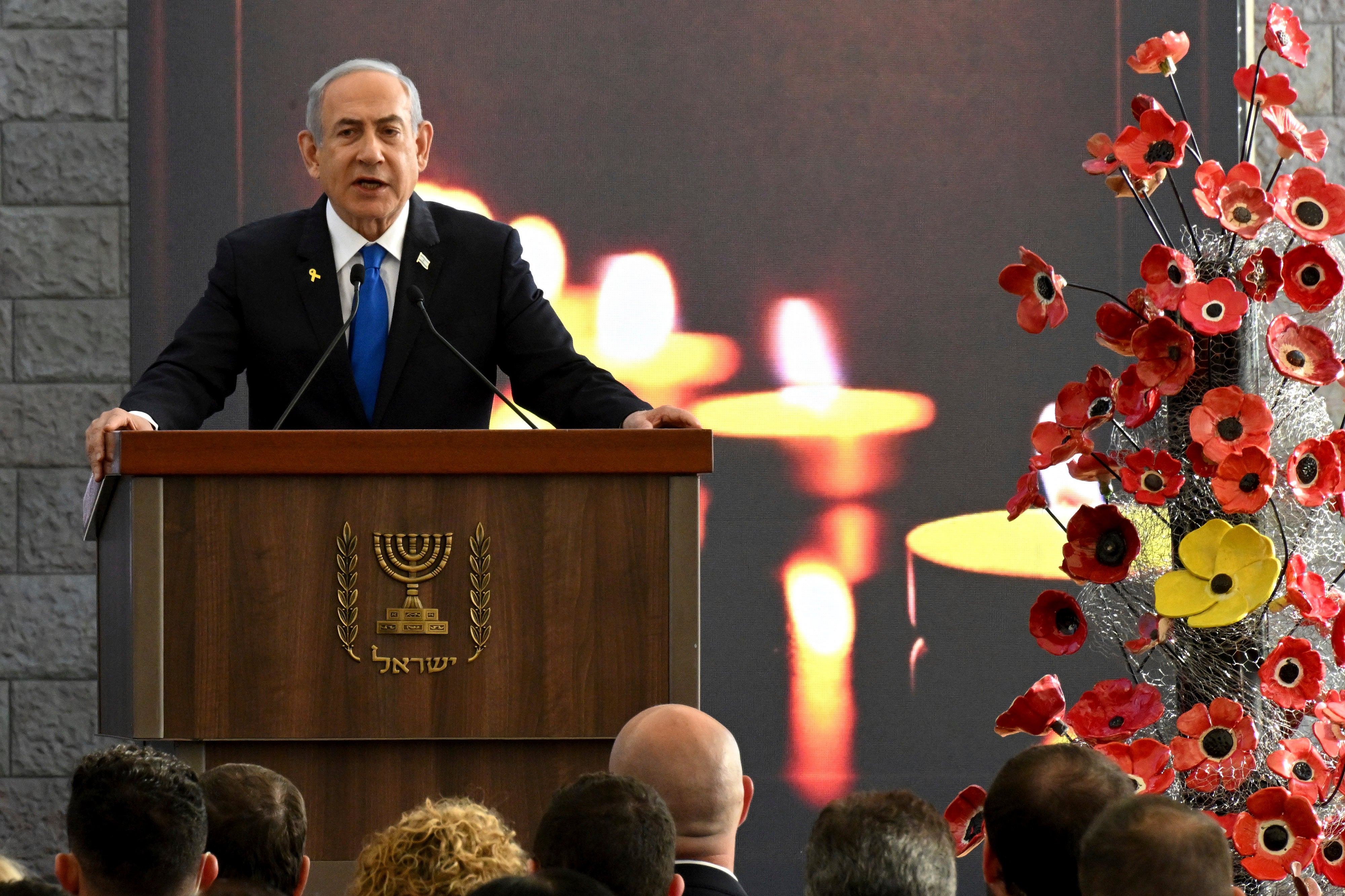 File: Israeli Prime Minister Benjamin Netanyahu speaks at a memorial ceremony for those killed by Hamas during the 7 Oct 2023 attack, in Jerusalem