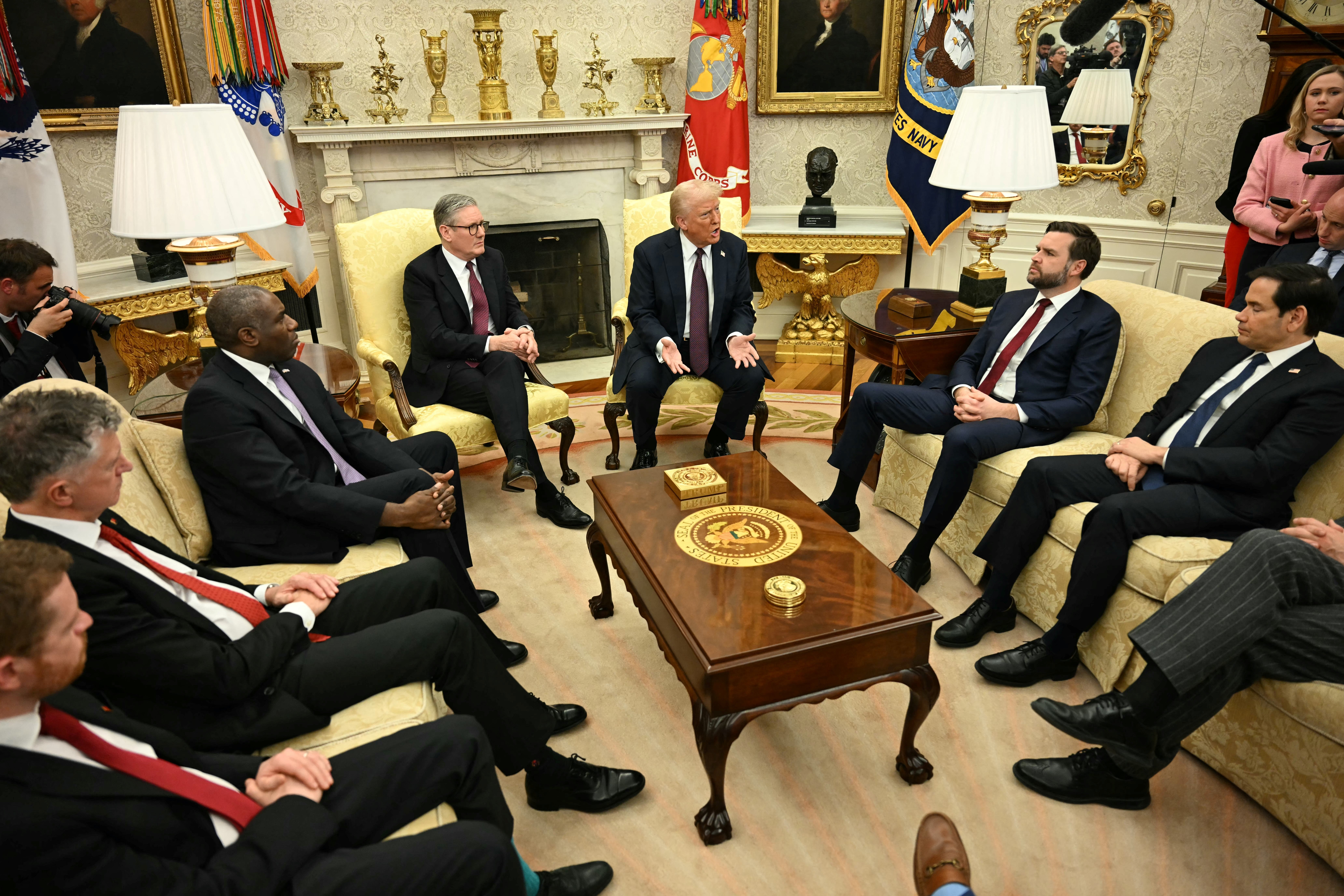 Marco Rubio (right right) was depicted with Trump and Starmer in Oval Office during the White House's visit to the White House in February