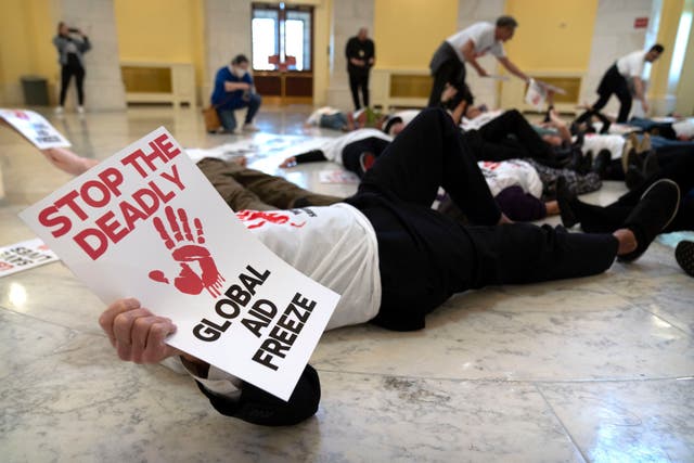 <p>Demonstrators protest against cuts to American foreign aid spending, in Washington DC, Feb. 26, 2025 (AP Photo/Mark Schiefelbein)</p>