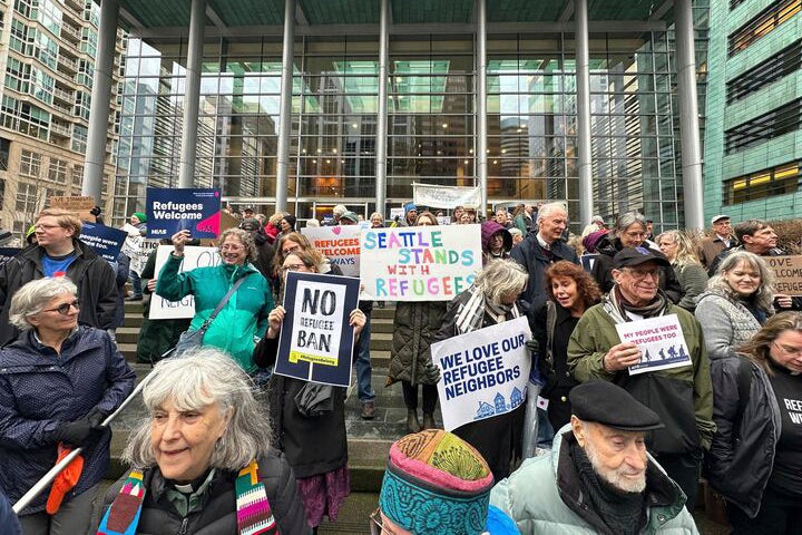 Protesters gather outside federal court after a judge blocked Donald Trump's effort to halt the nation's refugee admissions on February 25