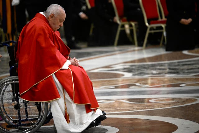 <p>Pope Francis prays amid Good Friday celebrations in 2024</p>