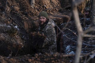 A Ukrainian serviceman digging a trench at an undisclosed location near Kramatorsk on 26 February 2025