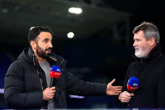 <p>Manchester United manager Ruben Amorim, left, is interviewed by Roy Keane (Bradley Collyer/PA)</p>