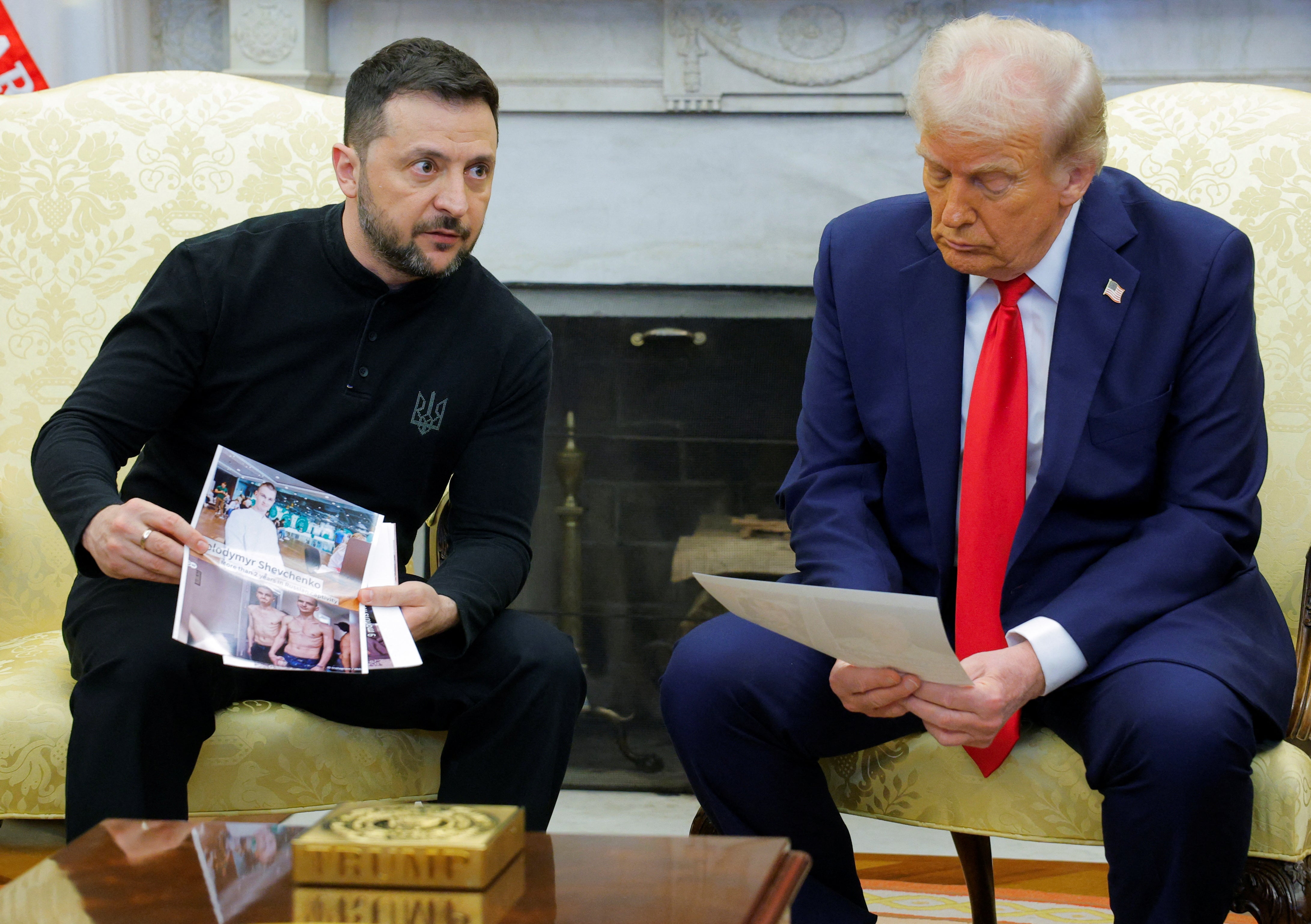 Donald Trump meets with Volodymyr Zelensky at the White House. The Ukrainian president showed President Trump pictures of Ukrainian soldiers