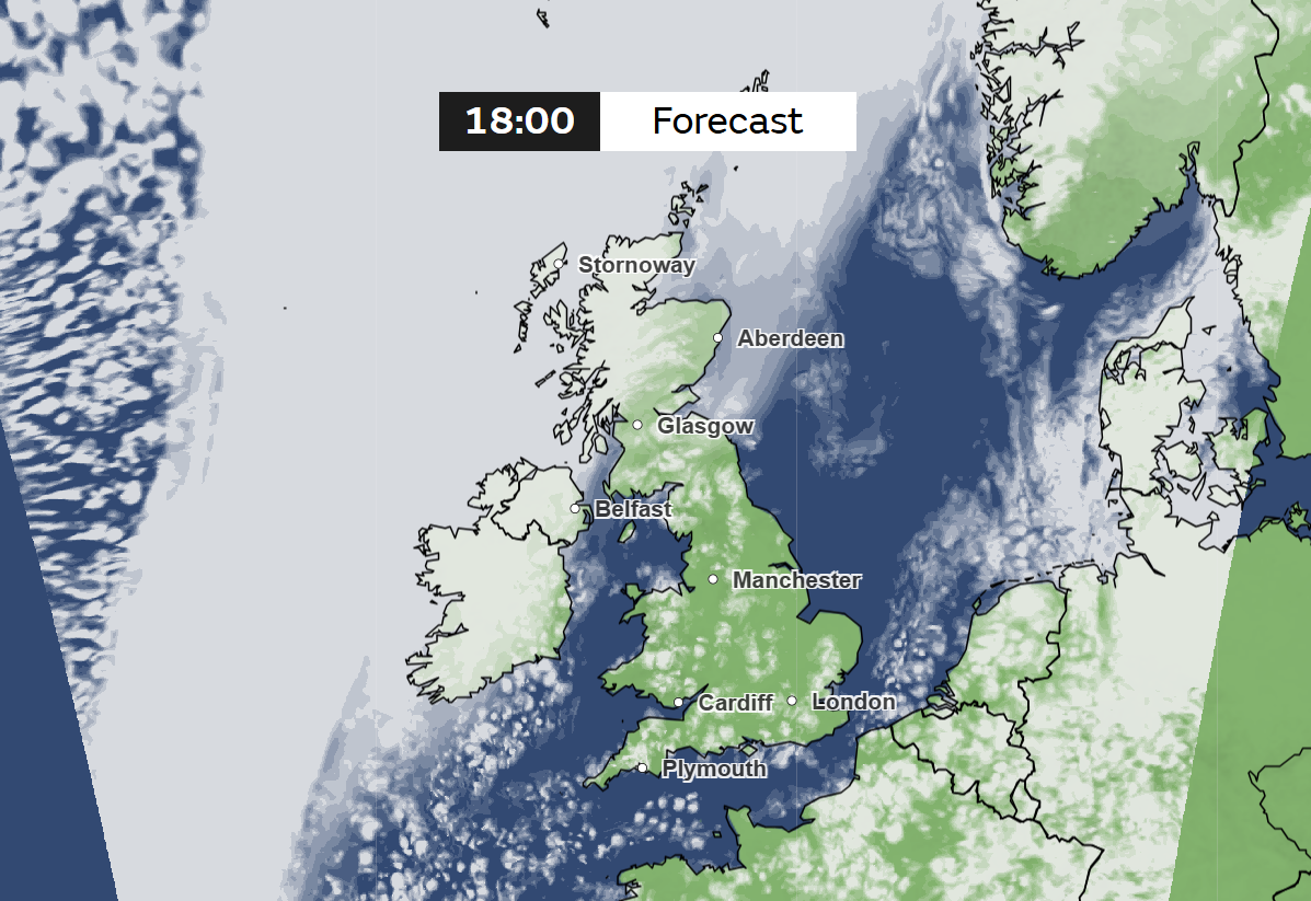 The weather forecast for 6pm on Friday, 28 February, shows minimal cloud cover