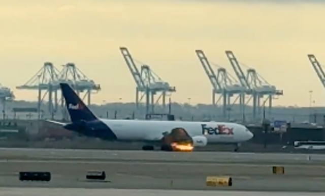 <p>The plane shown moments after landing in a fireball at Newark Airport</p>