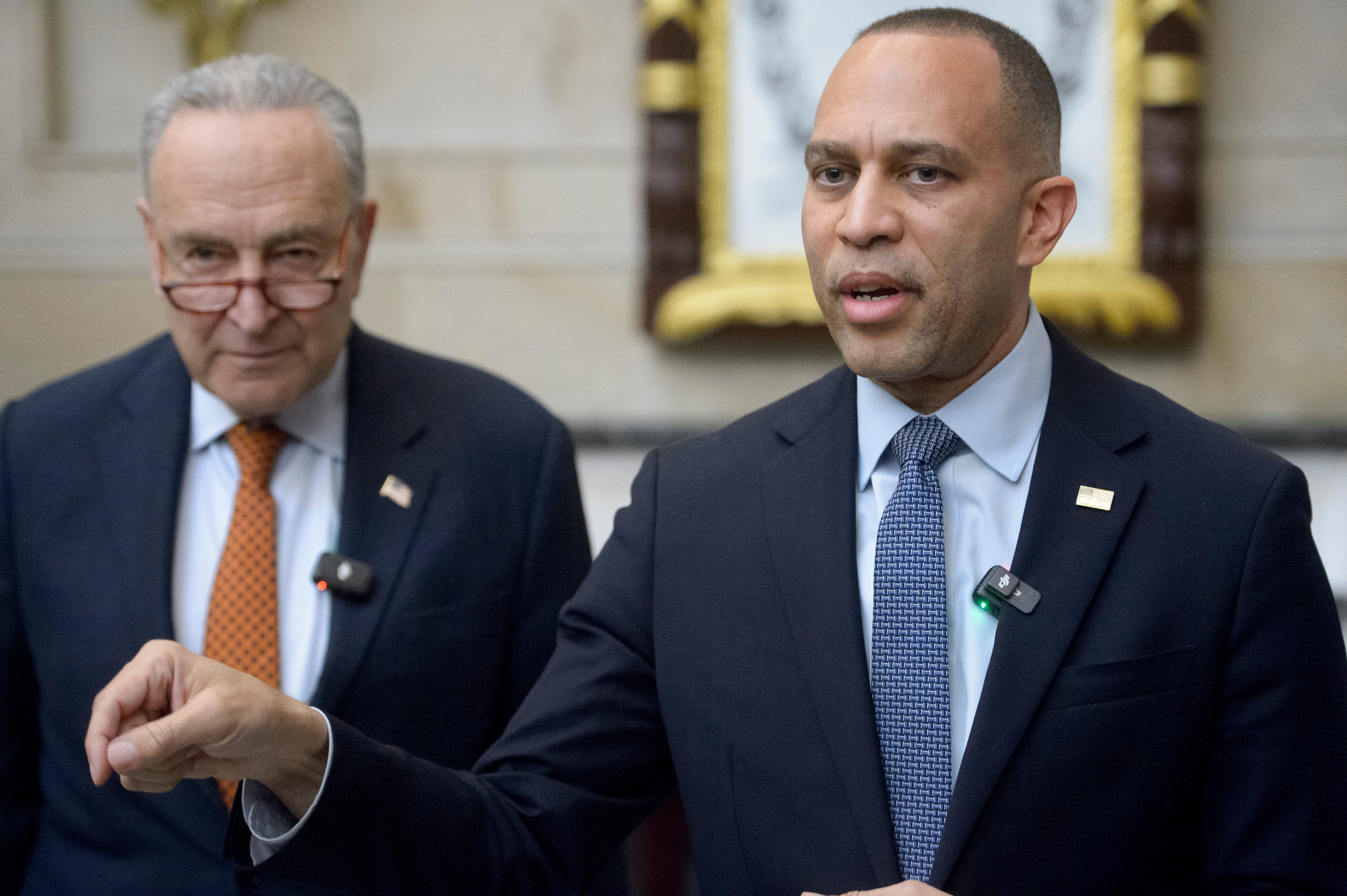 During a press conference on Friday, House Democratic Leader Hakeem Jeffries, right, repeatedly dodged when asked if he still had faith in Schumer, left, as Senate minority leader