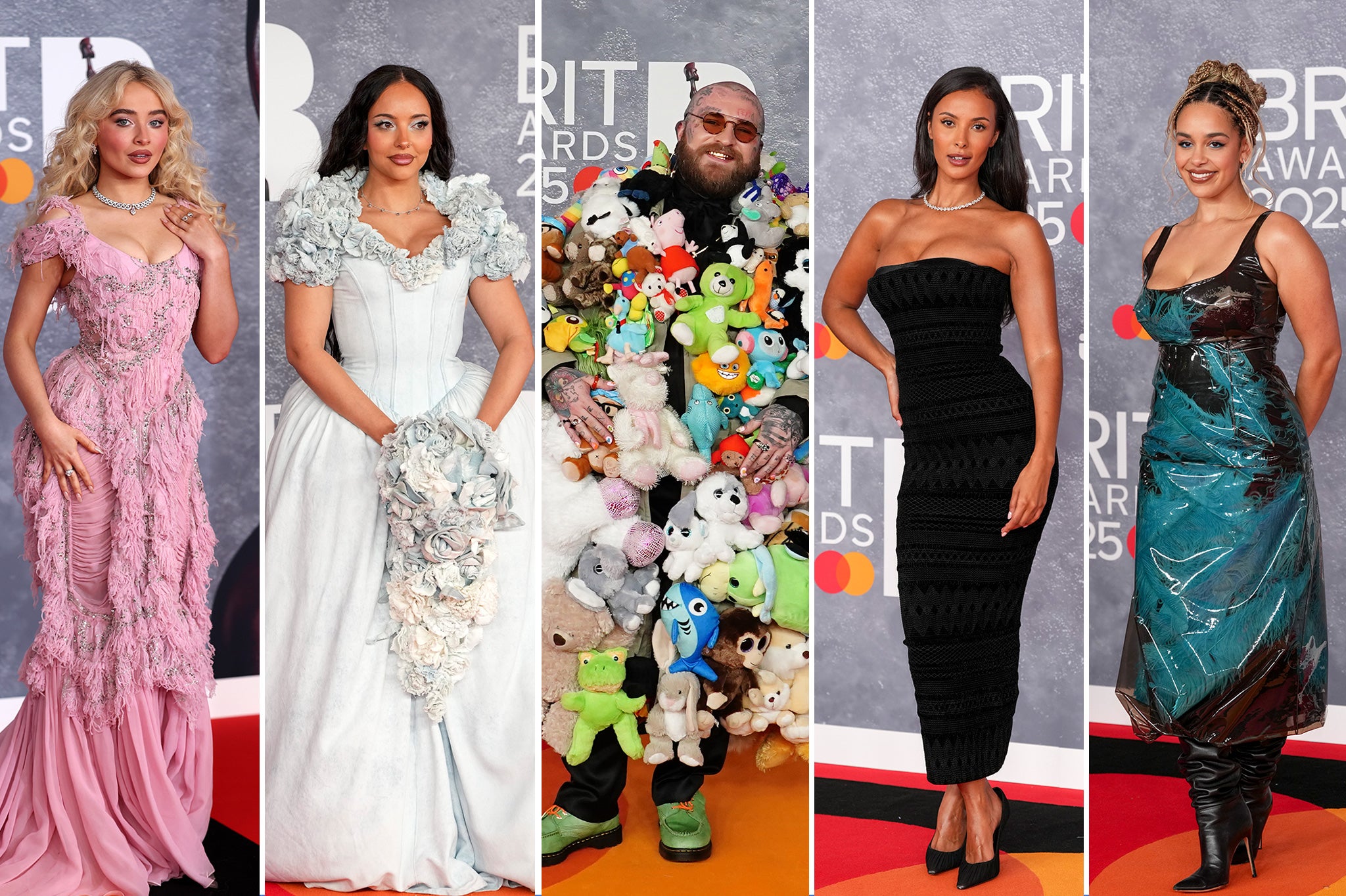 L-R: Sabrina Carpenter, JADE, Teddy Swims, Maya Jama and Jorja Smith on the 2025 Brit Awards red carpet