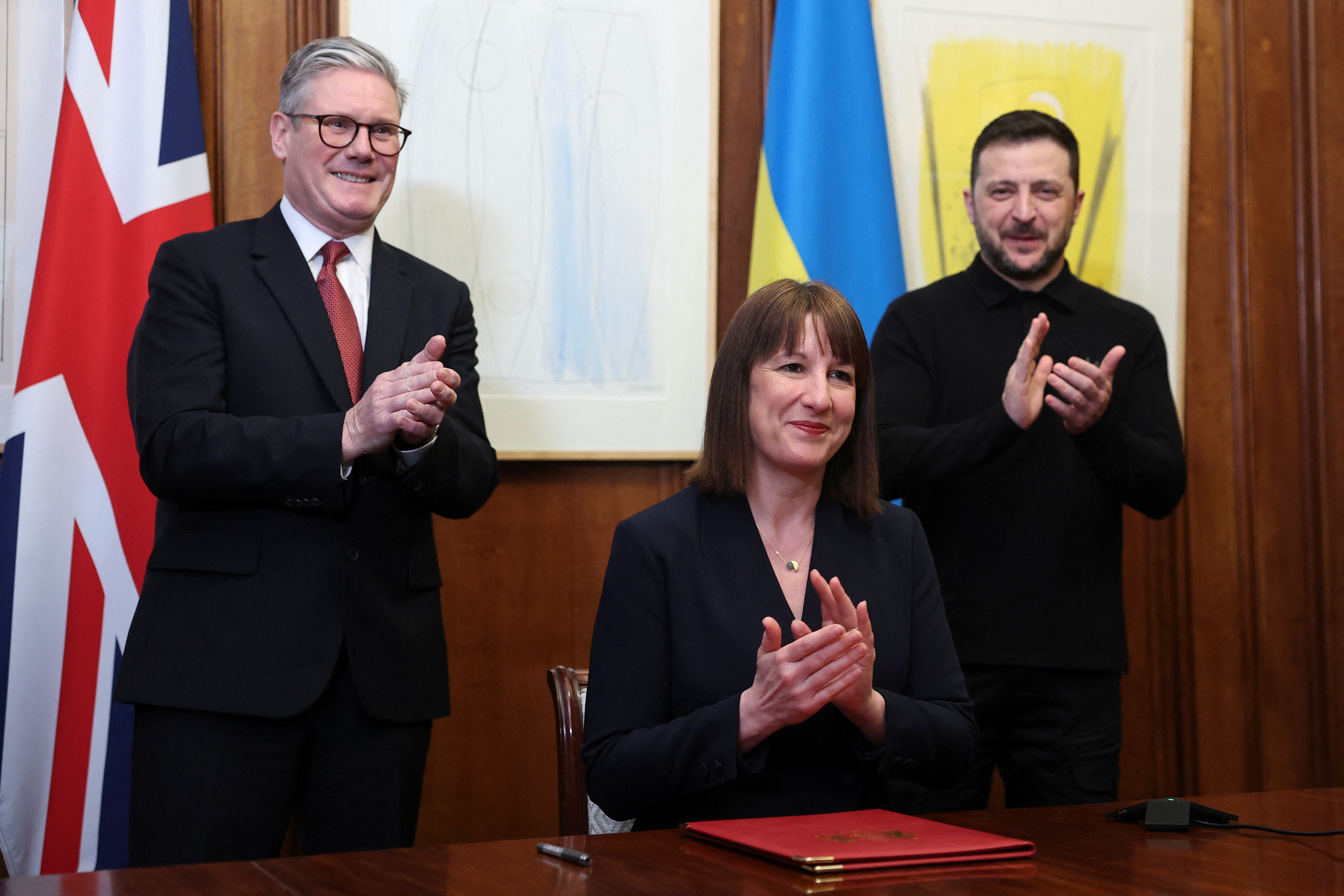 Chancellor of the Exchequer Rachel Reeves holds a video meeting with Ukraine’s finance minister Sergii Marchenko, as Prime Minister Sir Keir Starmer and Ukrainian President Volodymyr Zelensky watch (Toby Melville/PA)