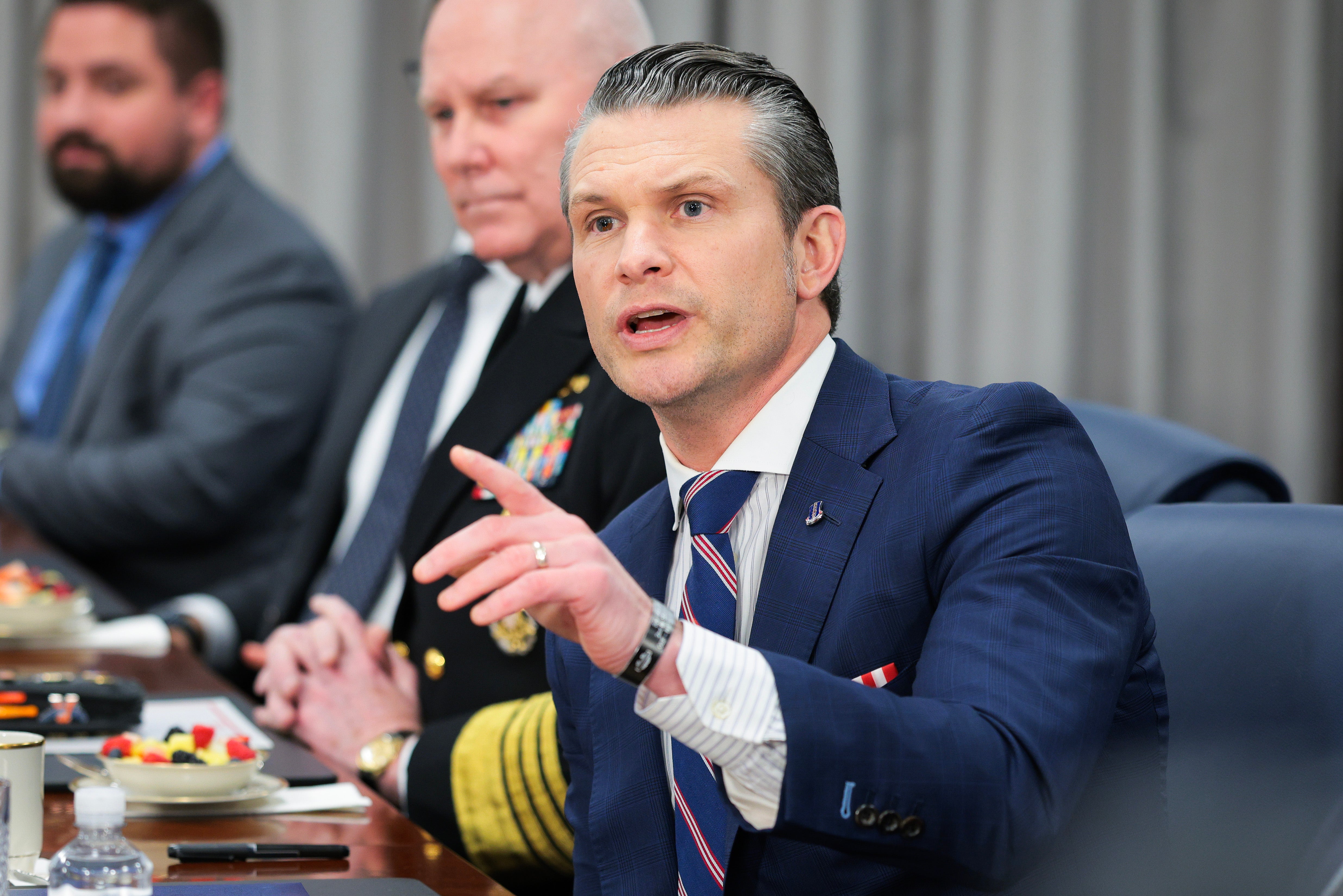 U.S. Secretary of Defense Pete Hegseth speaks during a meeting with Saudi Minister of Defense Khalid bin Salman at the Pentagon on February 24, 2025 in Arlington, Virginia. The secretary has ordered the Pentagon to cease offensive cyberoperations against Russia