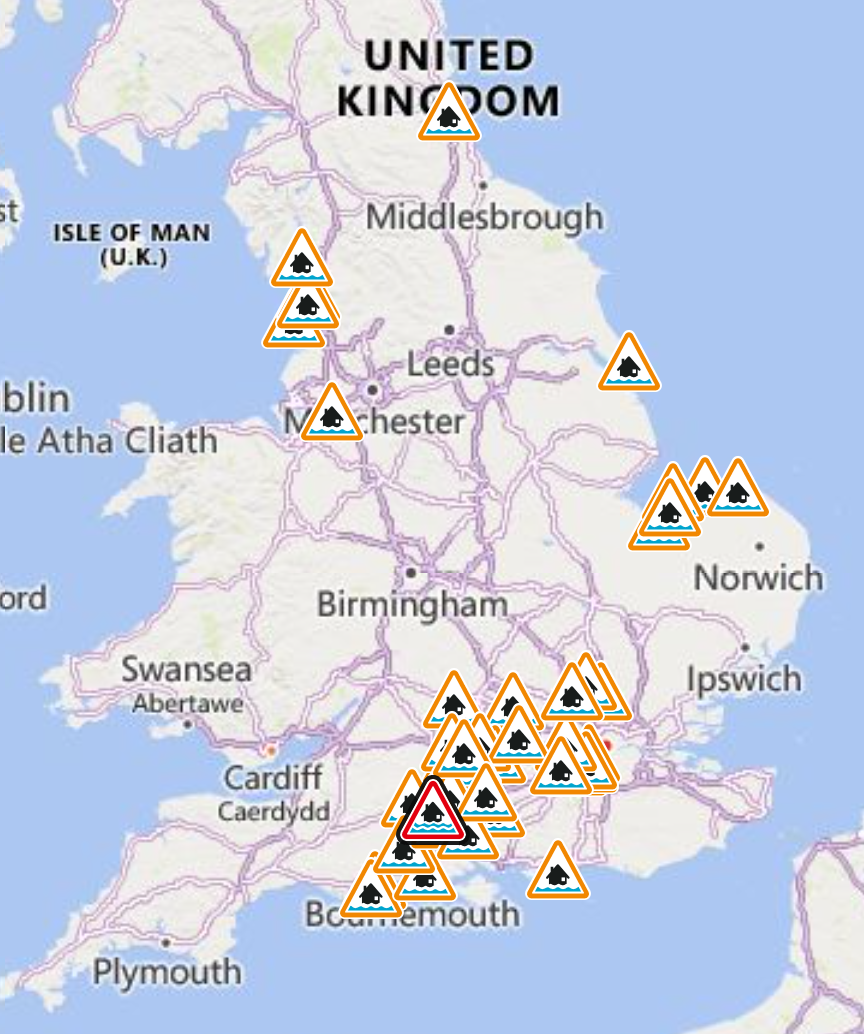 Scores of flood alerts have been issued across England