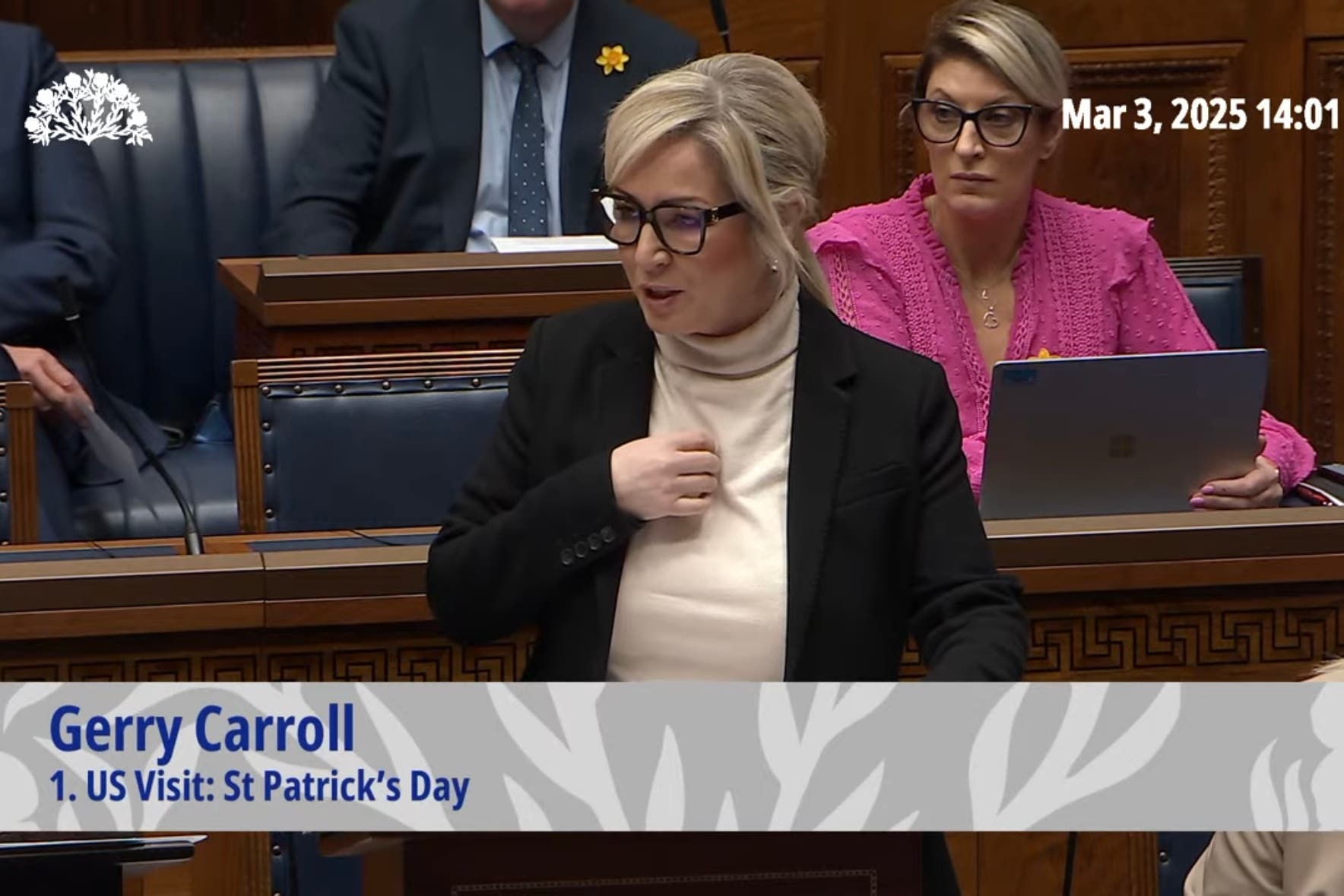 First Minister Michelle O’Neill speaks in the Stormont Assembly chamber on Monday during questions for the Executive Office (NI Assembly/PA)