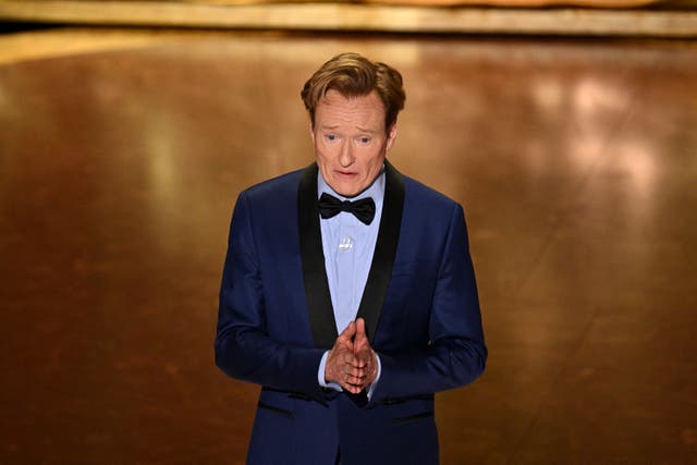<p>Conan O’Brien made a joke about ‘standing up to powerful Russian’ that drew large applause from the audience</p>