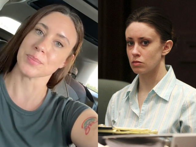 <p>Casey Anthony, pictured on the left in a TikTok video posted this week as she claims to be a legal advocate more than a decade after she was acquitted of killing her child Caylee in 2011 </p>