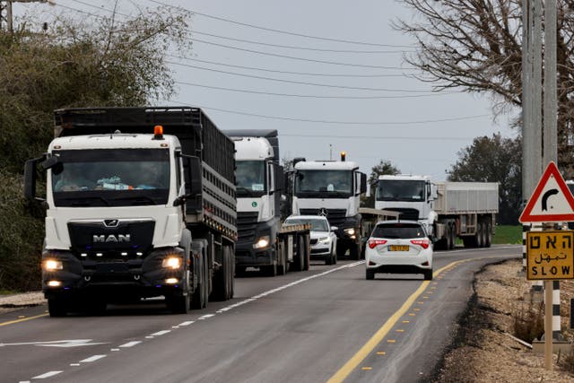 <p>File. A convoy of trucks moves in Israel en route to Jordan</p>