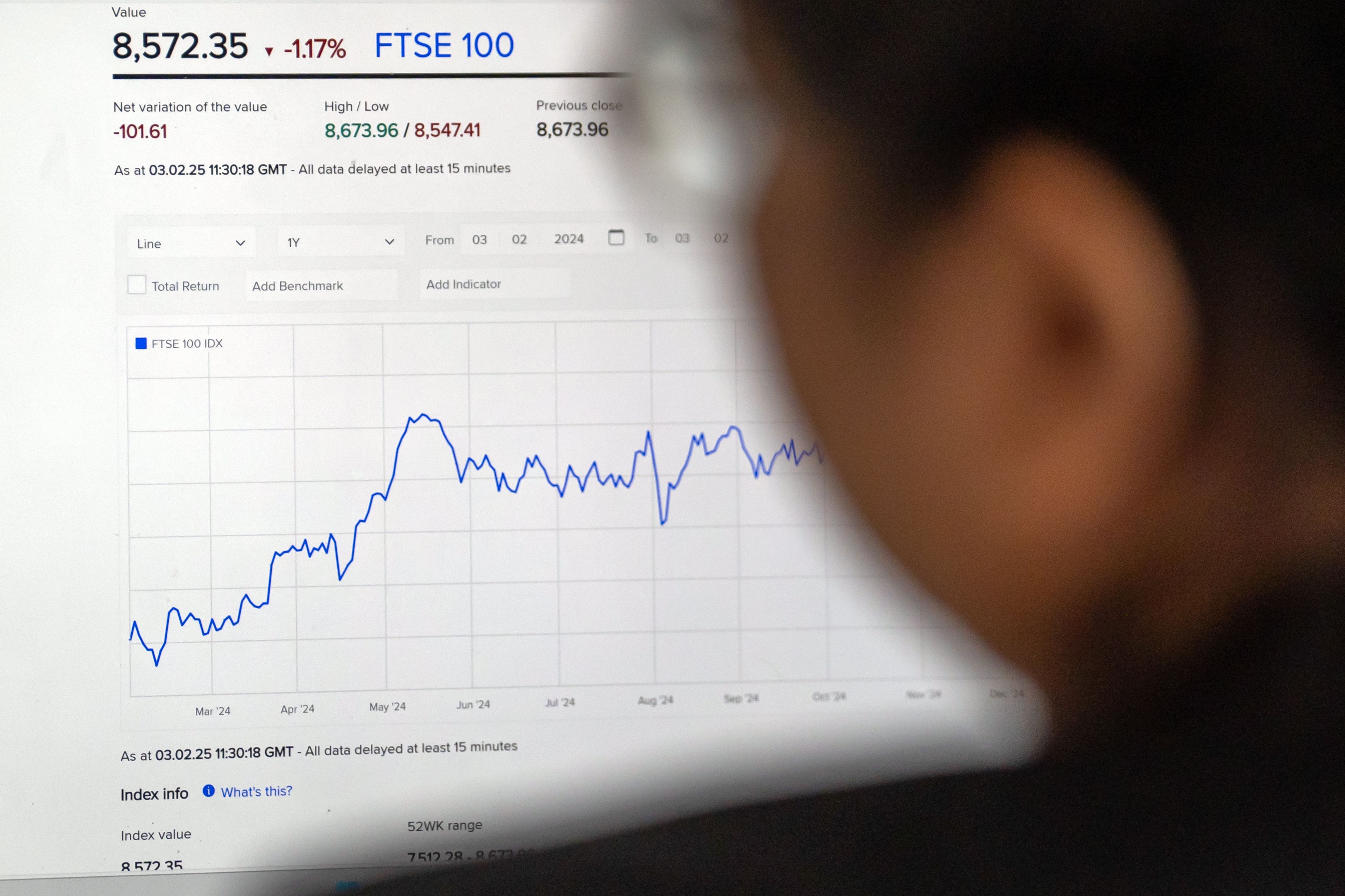 A woman views the FTSE 100 index on the London Stock Exchange website