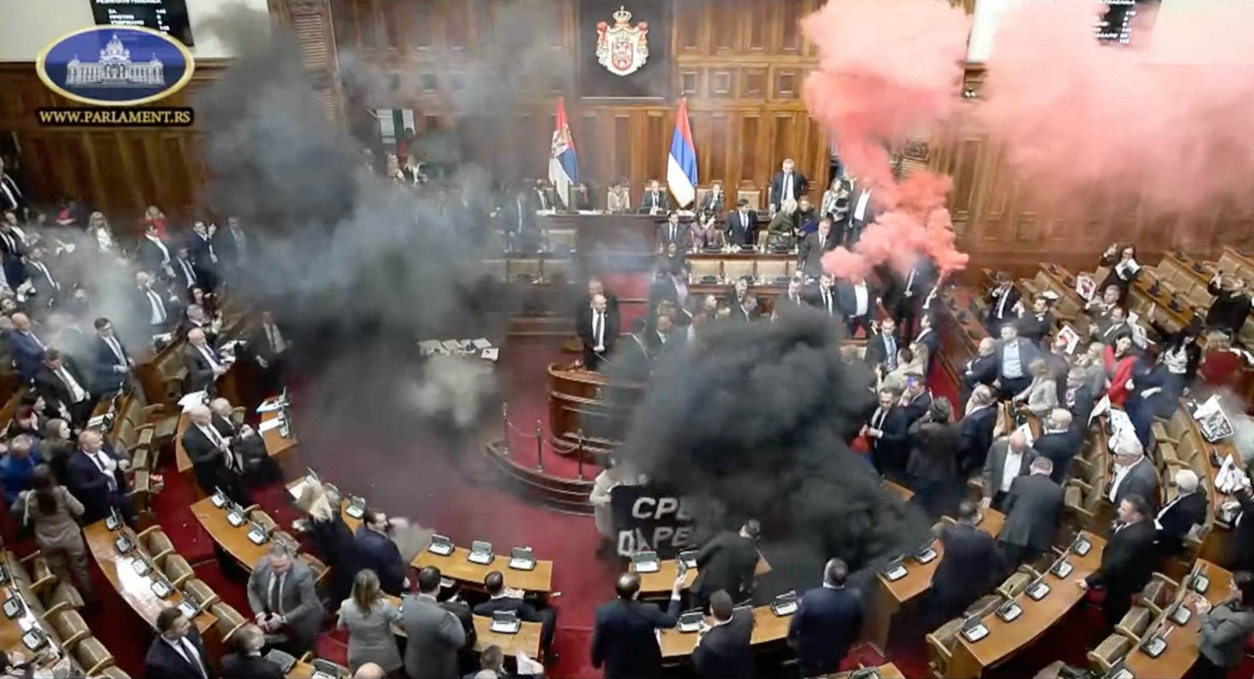 <p>Serbian Parliament in chaos</p>