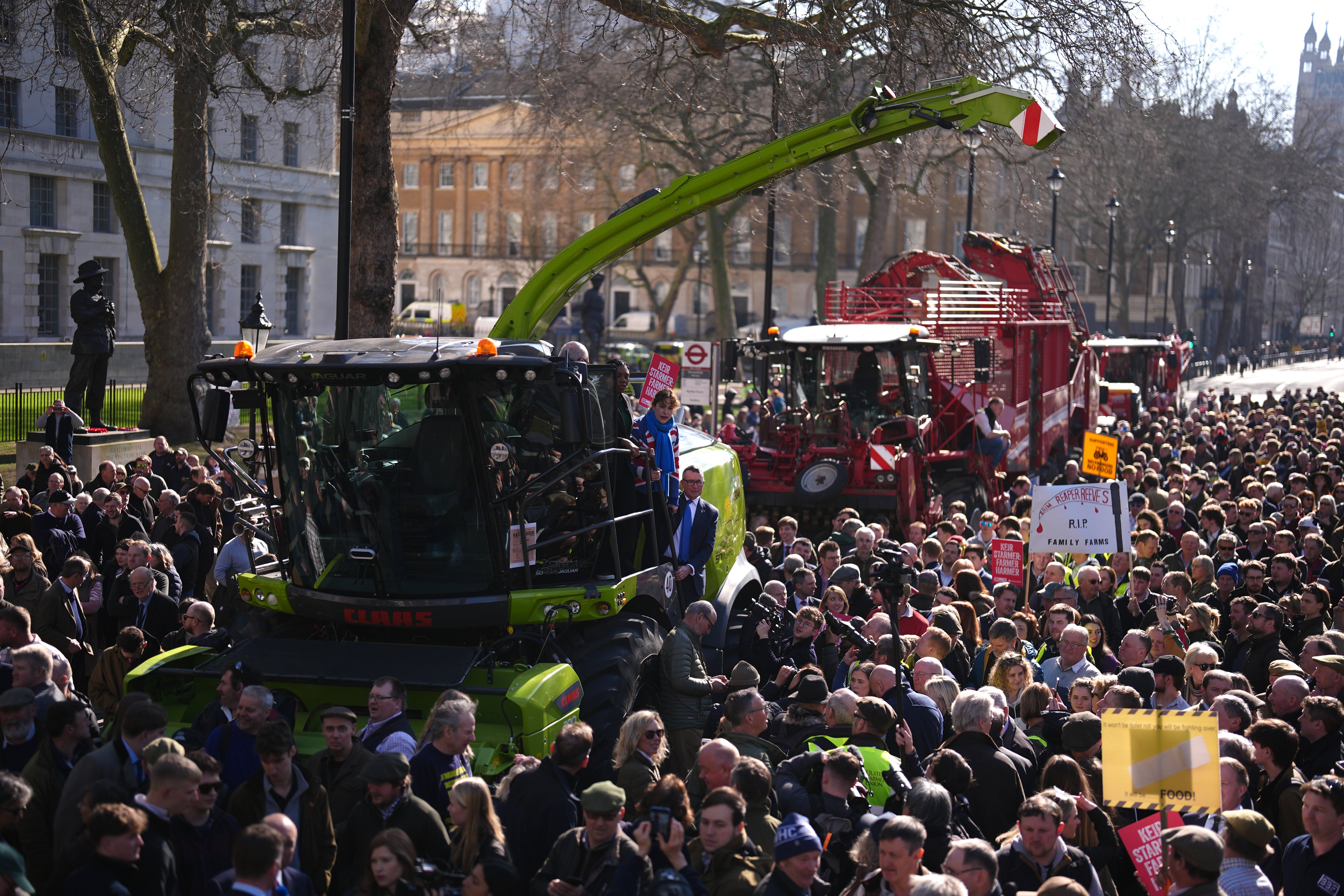 Shadow environment secretary Victoria Atkins on a farming vehicle during the protest in Whitehall