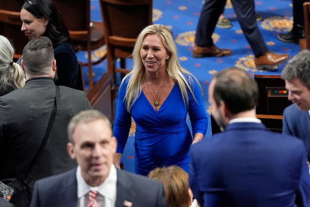 <p>Rep. Marjorie Taylor Greene, R-Ga., arrives before President Donald Trump addresses a joint session of Congress in the House chamber at the U.S. Capitol in Washington, Tuesday, March 4, 2025</p>