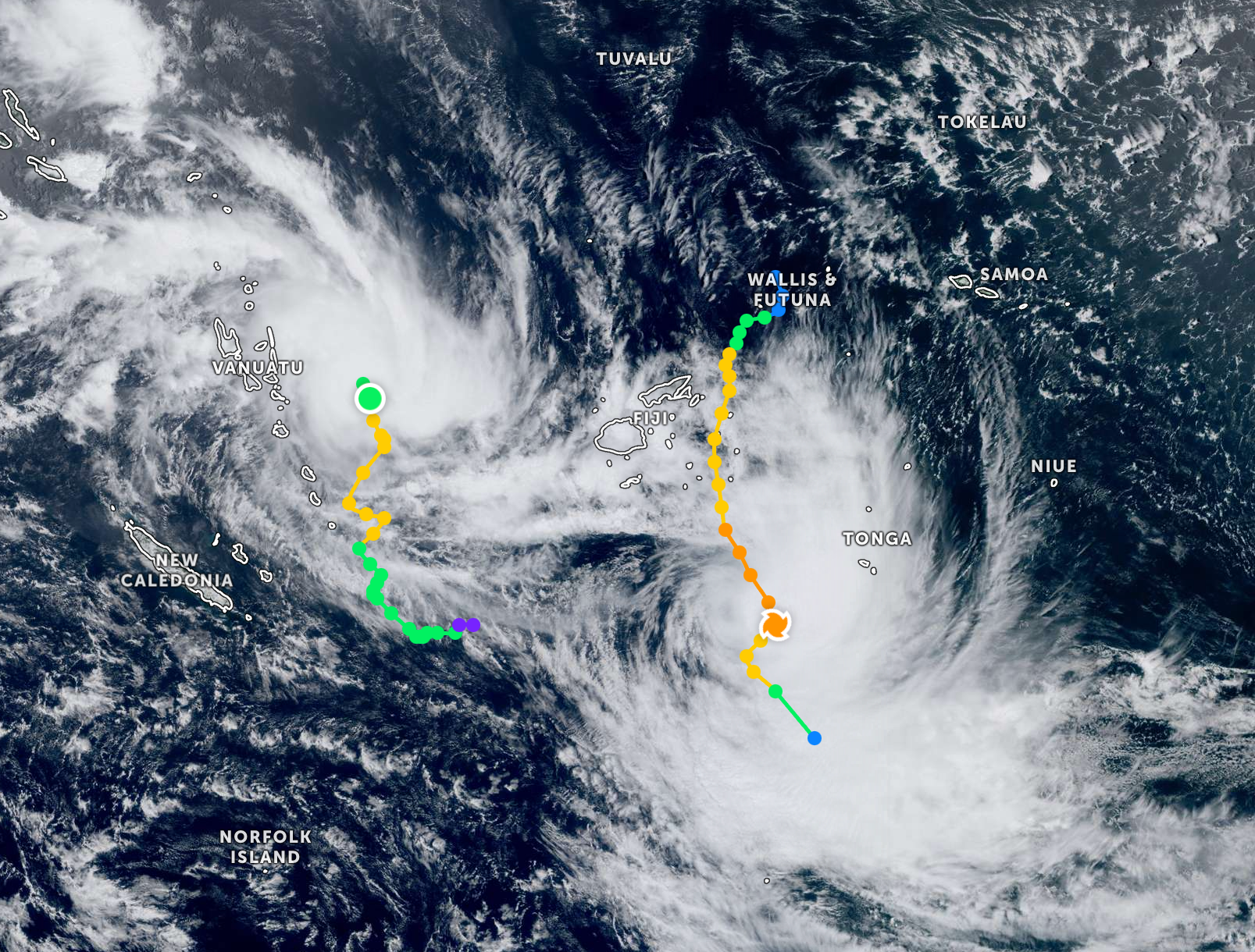 Map showing Cylcone Seru (left) and Rae (right)