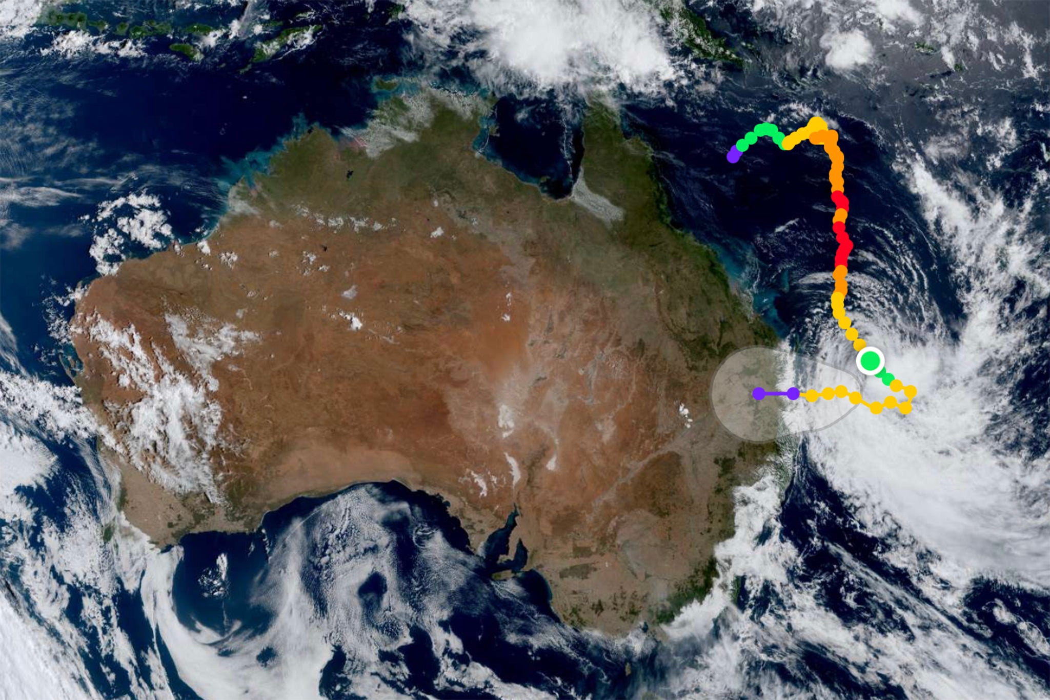 The dotted line shows Cyclone Alfred's movement from 22 February to 5 March as it nears landfall