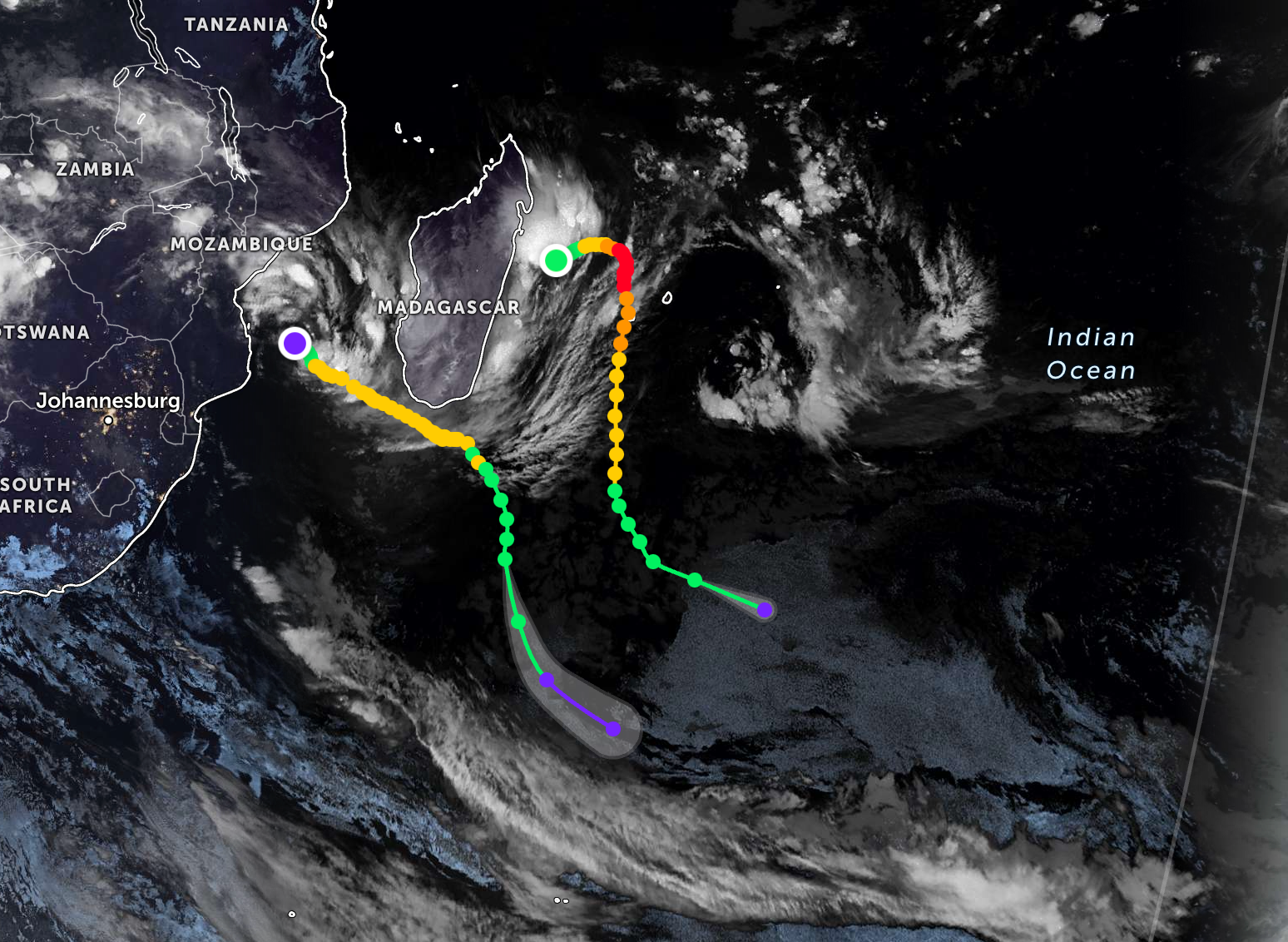 Path of Cyclone Garance which devastated Reunion Island