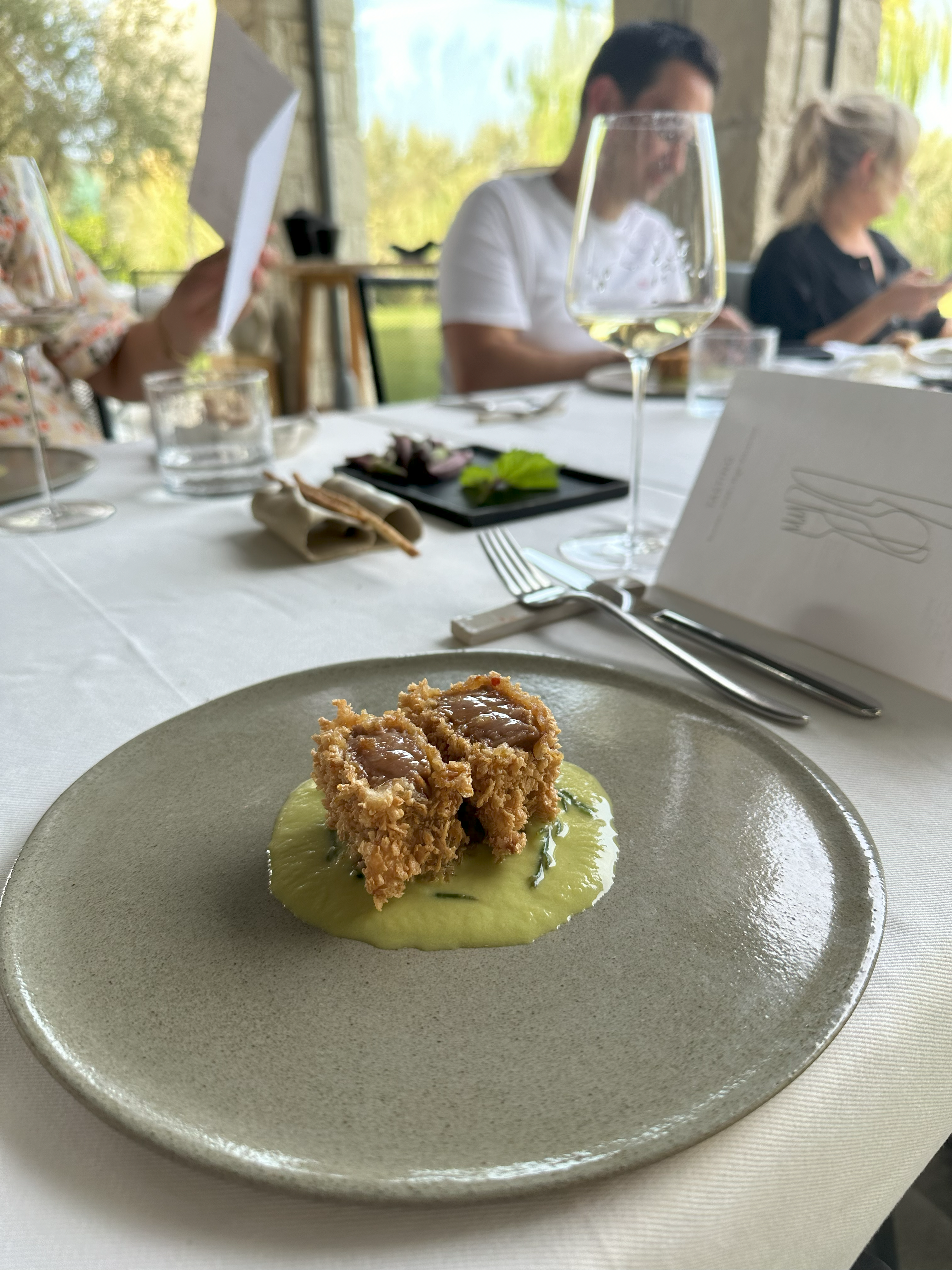 Tempura bluefin tuna on a green pepper sauce for lunch at the Michelin-starred Teruar