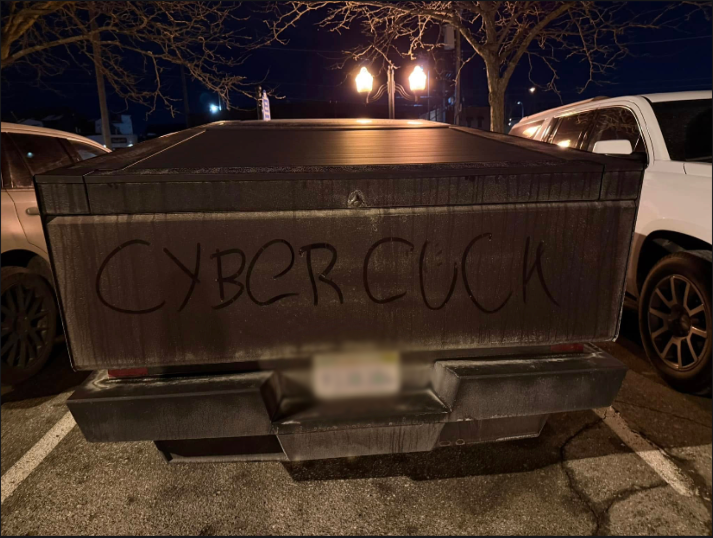 Profane message written on the back of a Tesla Cybertruck and shared in the Facebook group. Members have talked about the backlash they face for owning a Cybertruck