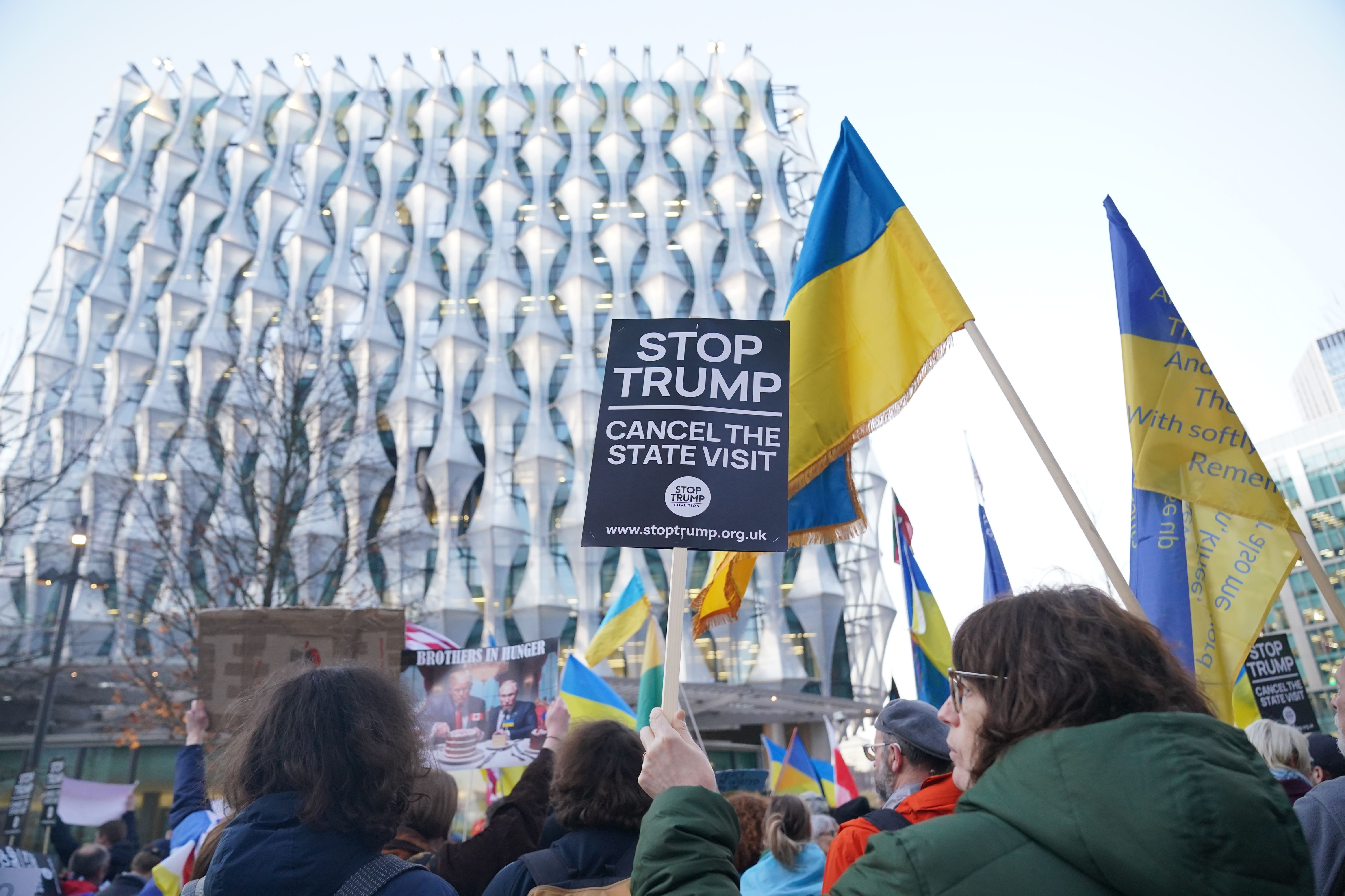 People attended a demonstration outside the US embassy in London in support of Ukraine (PA)