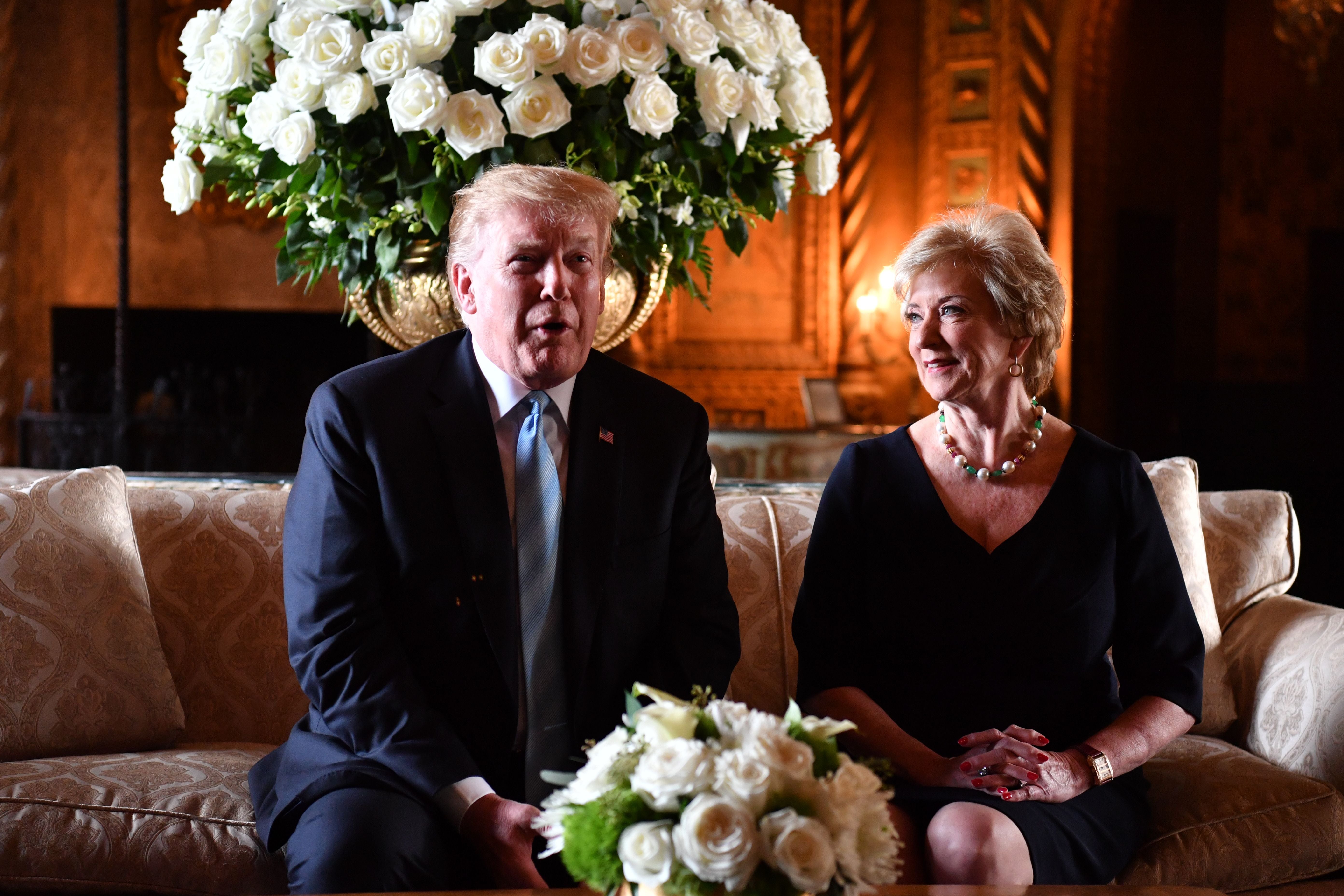 Donald Trump and Linda McMahon photographed together at the president’s Mar-a-Lago resort in Palm Beach, Florida, on March 29, 2019