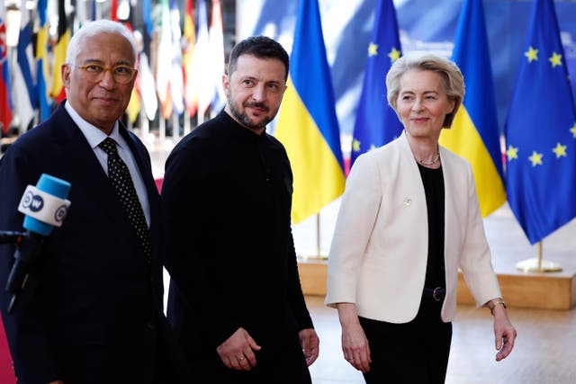 <p>Zelensky with Ursula von der Leyen at the Ukraine summit in Brussels</p>