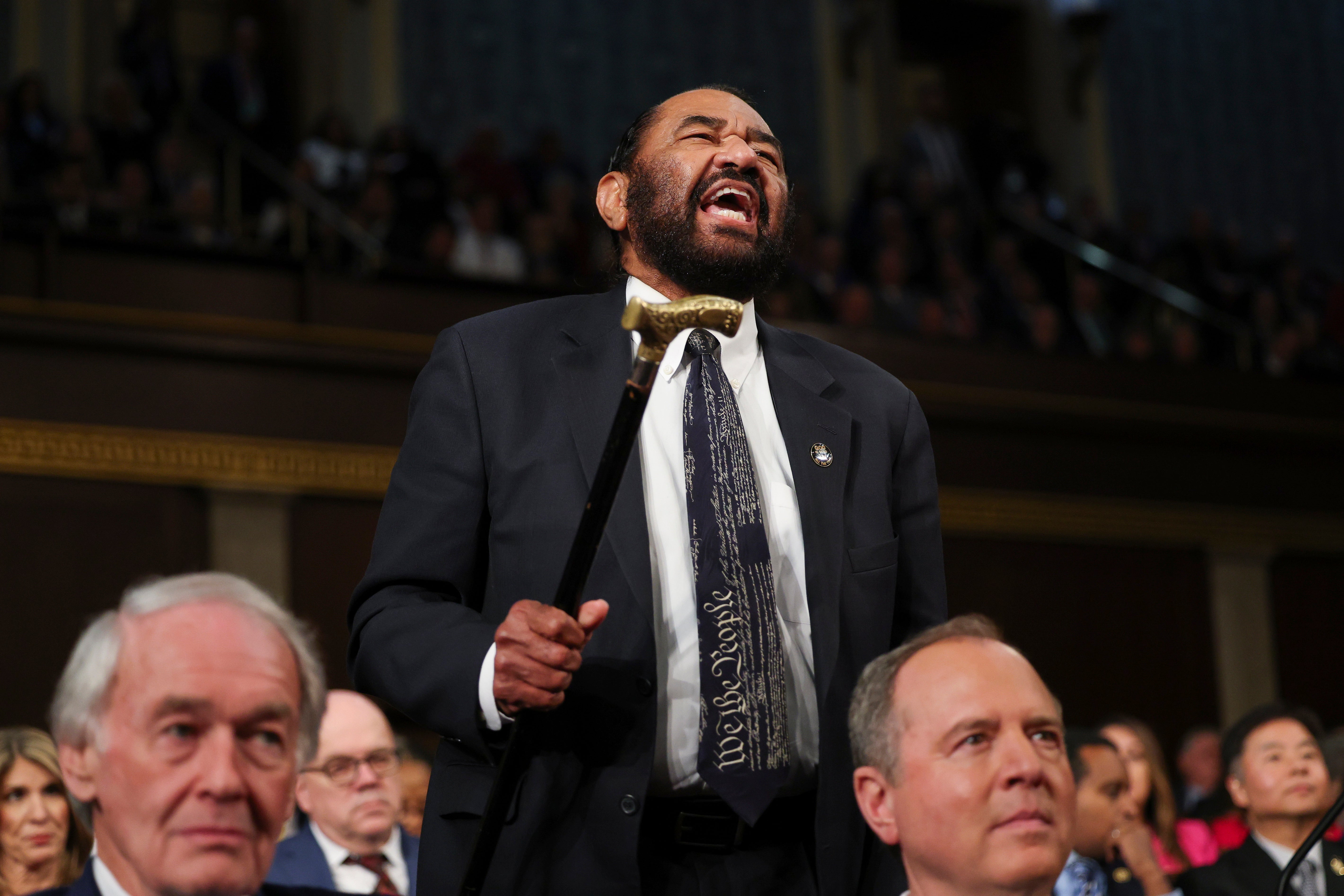 Rep Al Green of Texas was escorted from the chamber after speaking out during Donald Trump’s address to a joint session of Congress.