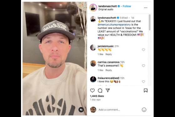 Mercy Culture Pastor Landon Schott posted an Instagram video this week that celebrated the Texas church’s partner school reportedly having the state’s lowest vaccination rate for measles. His video has drawn support and criticism amid a measles outbreak in West Texas