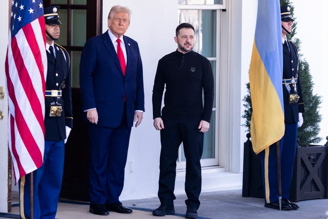 <p>US President Donald Trump, left, with Ukrainian President Volodymyr Zelensky</p>