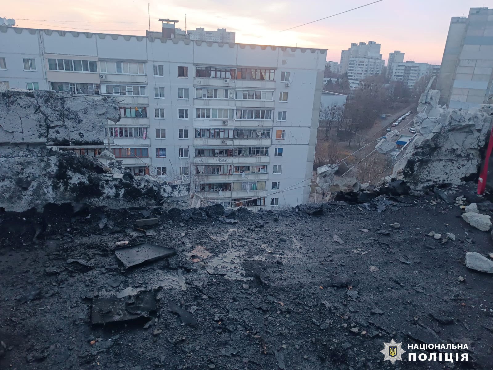 An apartment building hit by a Russian drone strike in Kharkiv