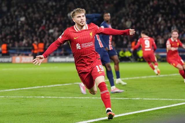 <p>Harvey Elliott celebrates after scoring Liverpool's winner</p>