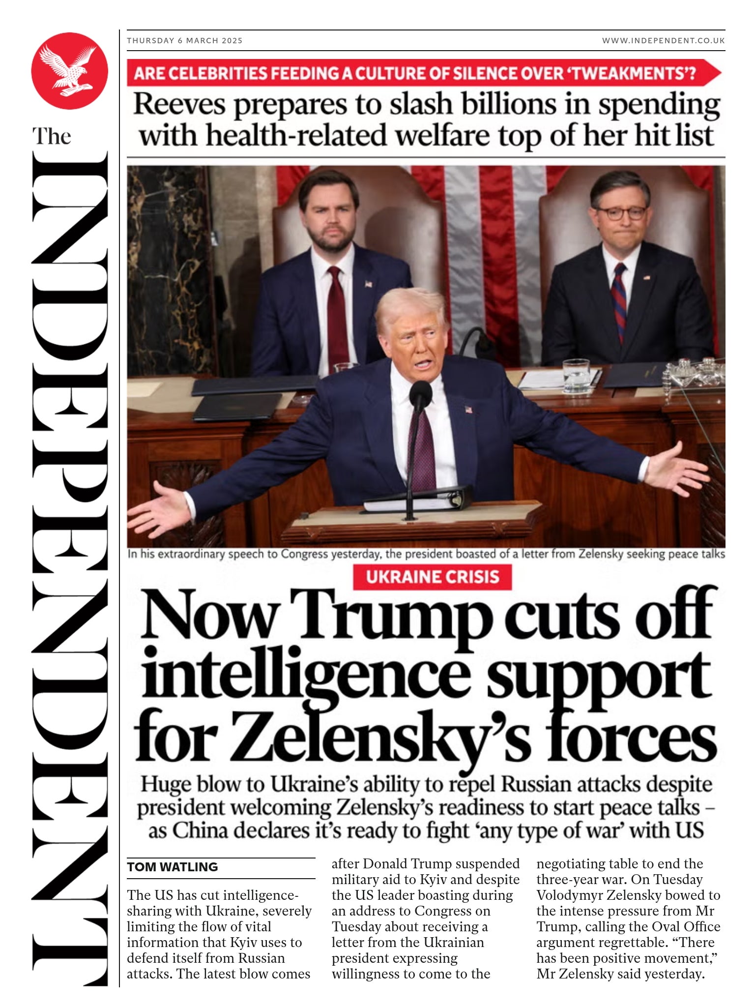 The Independent's front page on Thursday 6 March