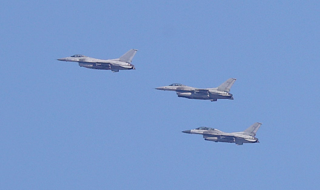 South Korean KF-16 jets fly during the joint drill with the US military at the Seungjin Fire Training Field in Pocheon